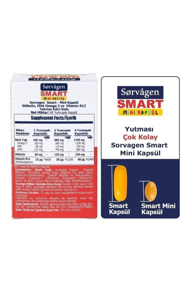 SORVAGEN SMART SİTİKOLİN DHA OMEGA-3 VE B12 60 MİNİ KAPSÜL