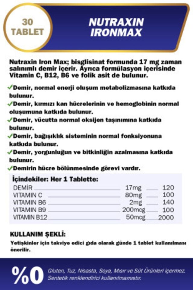 NUTRAXİN IRON MAX 17 MG 30 TABLET - DEMİR, C VİTAMİNİ, B6 VİTAMİNİ, FOLİK ASİT, B12