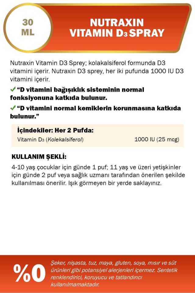 NUTRAXIN VİTAMİN D3 SPREY 1000 IU 30ML