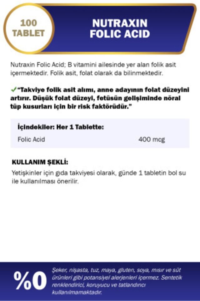NUTRAXİN FOLİC ACİD 400 MCG 100 TABLET