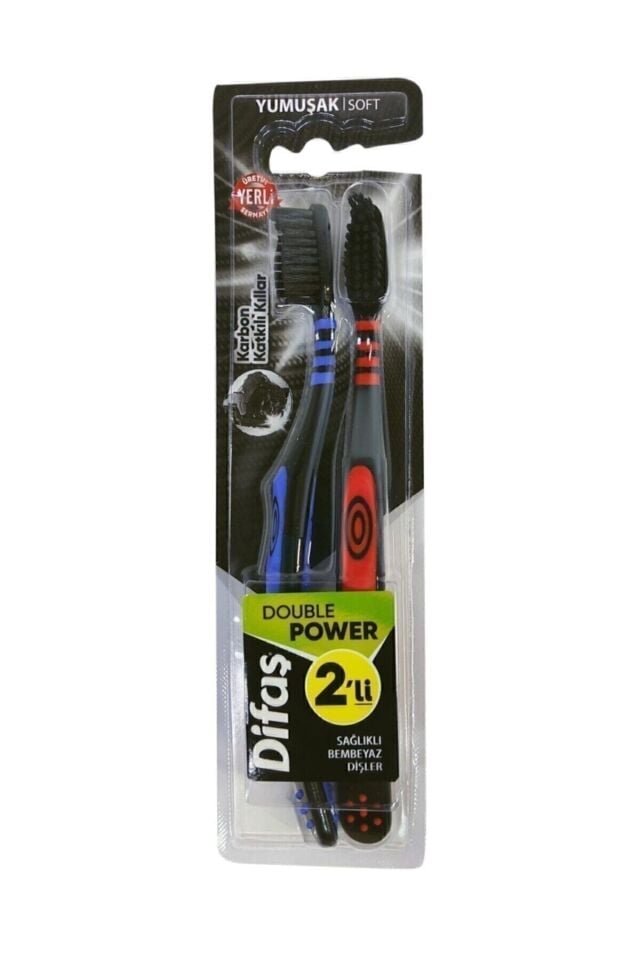 DİFAŞ DOUBLE POWER KARBON KATKILI YUMUŞAK KILLI DİŞ FIRÇASI 2'Lİ