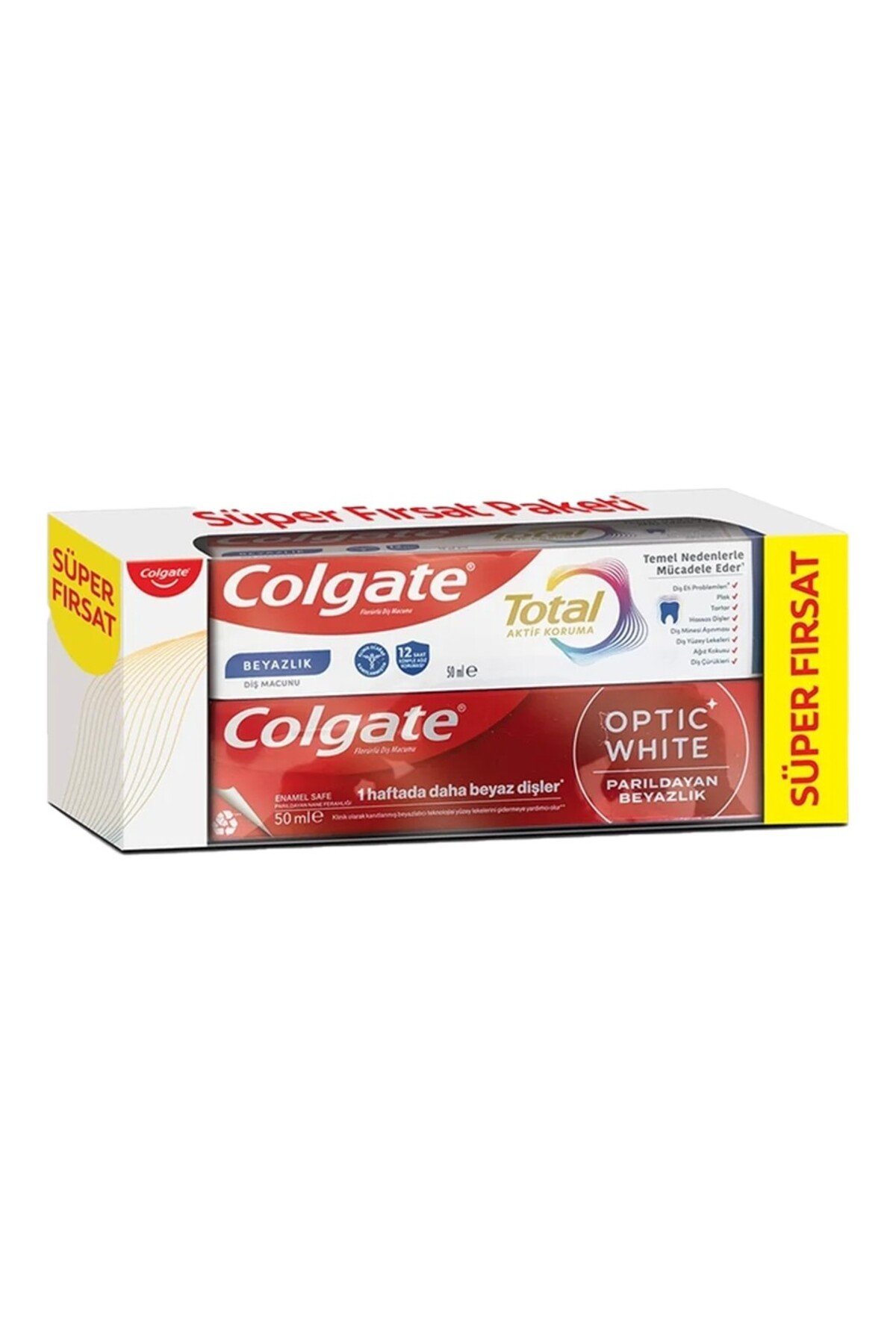 COLGATE TOTAL AKTİF KORUMA DİŞ MACUNU 50 ML + OPTİC WHİTE PARILDAYAN BEYAZLIK DİŞ MACUNU 50 ML
