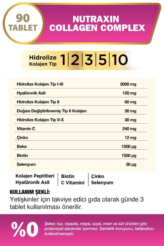 NUTRAXIN COLLAGEN COMPLEX TİP 1-2-3-5-10 3120 MG 90 TABLET
