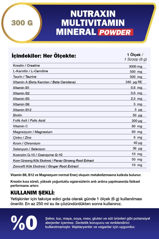 NUTRAXİN MULTİVİTAMİN MİNERAL POWDER 300 GR