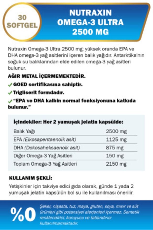 NUTRAXİN VİTALS OMEGA-3 ULTRA 2500 MG 30 SOFTGEL