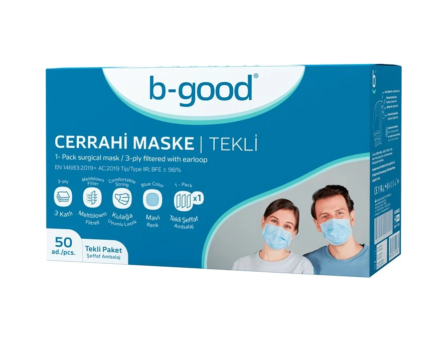 B-GOOD 3 KATLI CERRAHİ MASKE TELLİ 50'Lİ