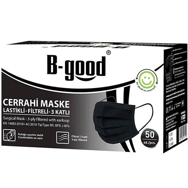 B-GOOD 3 KATLI SİYAH DÖKME CERRAHİ MASKE TELLİ 50 Lİ