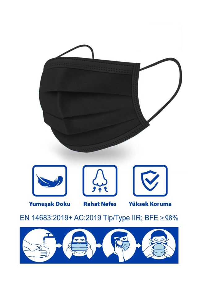 B-GOOD 3 KATLI SİYAH DÖKME CERRAHİ MASKE TELLİ 50 Lİ
