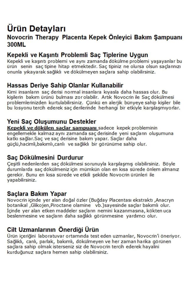 NOVOCRİN PLACENTA KEPEK ÖNLEYİCİ BAKIM ŞAMPUANI 300 ML