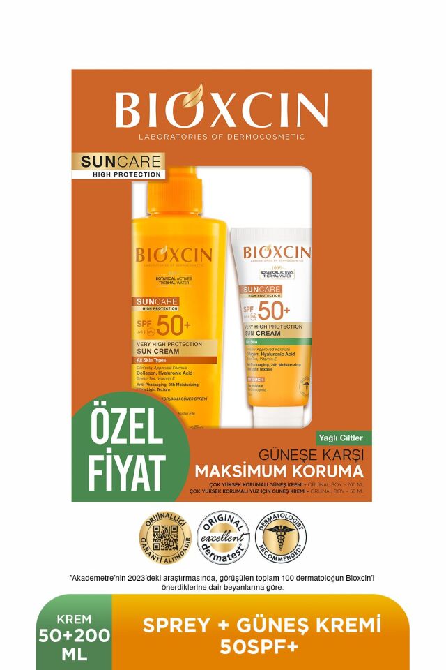 BİOXCİN SUNCARE KURU YAĞLI CİLTLER İÇİN KREM SPF50 50 ML + SPREY 200 ML - KOFRE